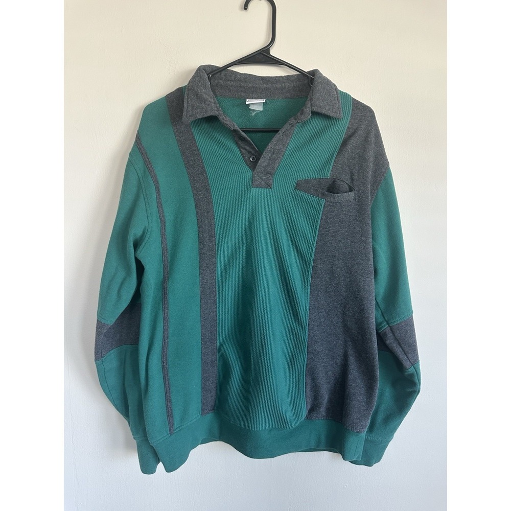 Vintage 80s/90s Collared Henley Pullover Knit Shirt Mens Medium Green Colorblock